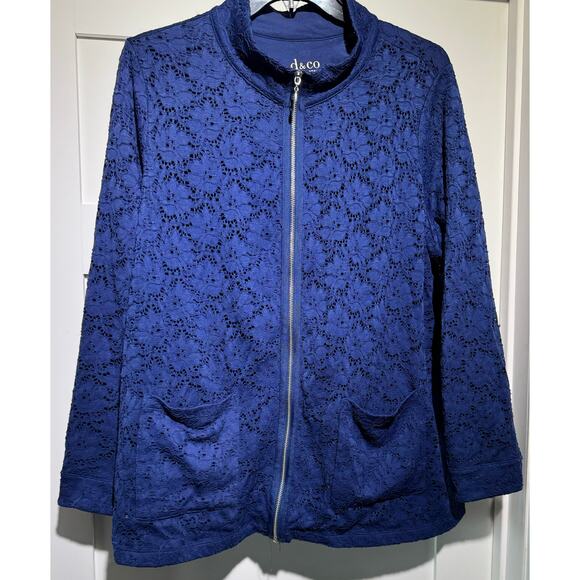 Denim + Company Royal Blue Soft Cotton Blend Cardigan Floral Lace Women's 1X - Picture 2 of 7